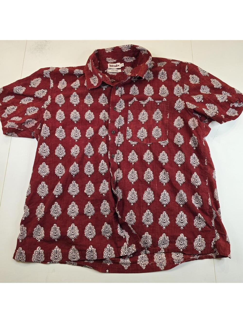 Fabindia Mens Bush Shirt Size 44 Red With Designer Pattern